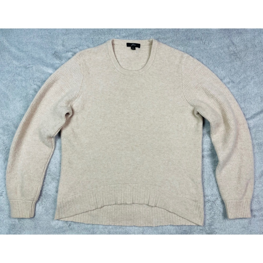 J.Crew Women's Large Sweater Beige Merino Wool Alpaca High-Low Waffle Knit AF002